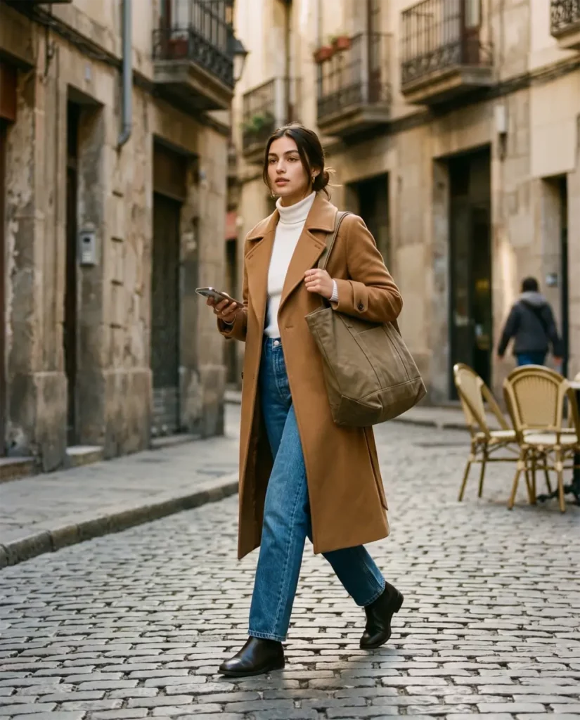 candid street style photo, woman in her mid 20s, wearing a camel trench coat over white turtleneck and straight leg jeans, tote bag candid street style photo, woman in her mid 20s, wearing a camel trench coat over white turtleneck and straight leg jeans, tote bag