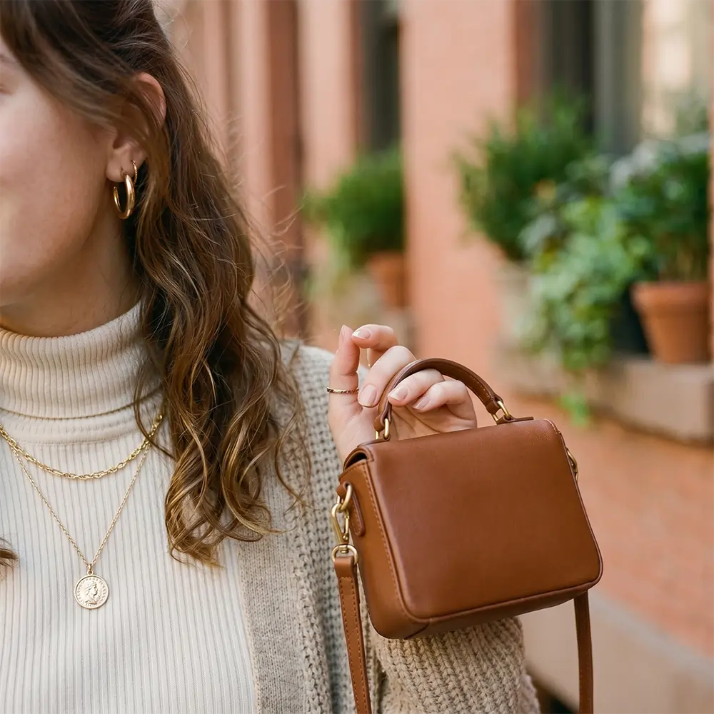 close up of accessories — gold hoop earrings, delicate layered necklaces, a small structured bag. close up of accessories — gold hoop earrings, delicate layered necklaces, a small structured bag.