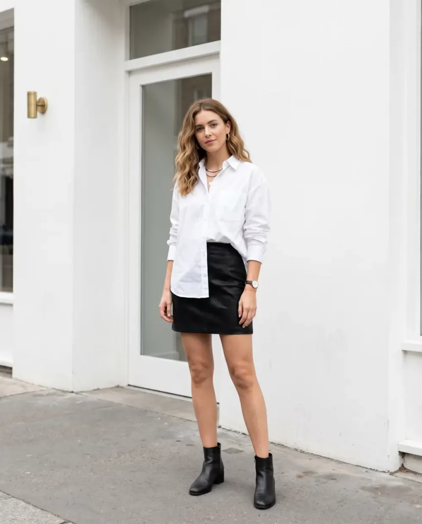fashion blog photo, woman 20s, wearing a black mini skirt, white oversized button down tucked in, black ankle boots. fashion blog photo, woman 20s, wearing a black mini skirt, white oversized button down tucked in, black ankle boots.