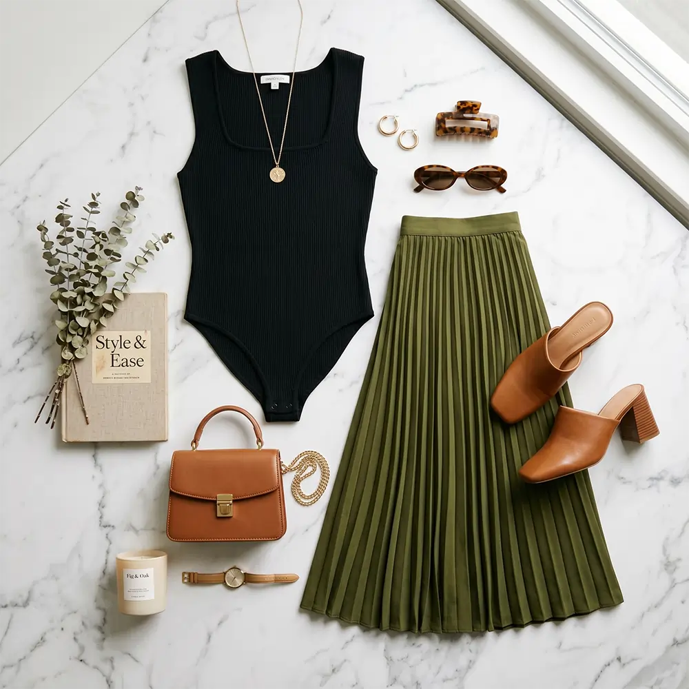 flat lay of a pinterest inspired outfit black bodysuit, pleated midi skirt, square toe mule heels, small leather bag flat lay of a pinterest inspired outfit black bodysuit, pleated midi skirt, square toe mule heels, small leather bag