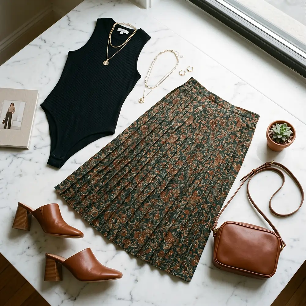 flat lay of a pinterest inspired outfit black bodysuit, pleated midi skirt, square toe mule heels, small leather bag. flat lay of a pinterest inspired outfit black bodysuit, pleated midi skirt, square toe mule heels, small leather bag.