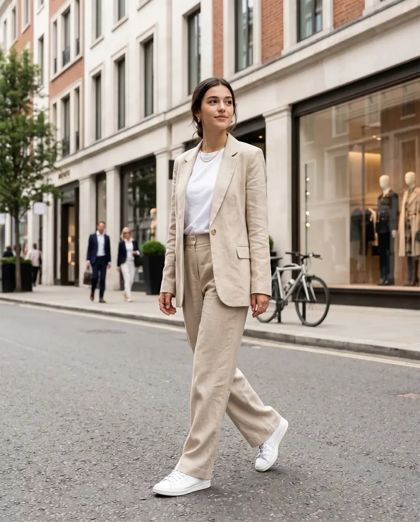 street style editorial, woman wearing a beige linen co ord set — blazer and wide leg pants, minimal jewelry, white sneakers. street style editorial, woman wearing a beige linen co ord set — blazer and wide leg pants, minimal jewelry, white sneakers.
