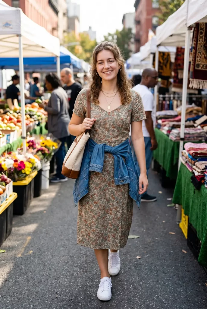 street style photo, woman in a floral midi dress, white sneakers, denim jacket tied around waist. street style photo, woman in a floral midi dress, white sneakers, denim jacket tied around waist.