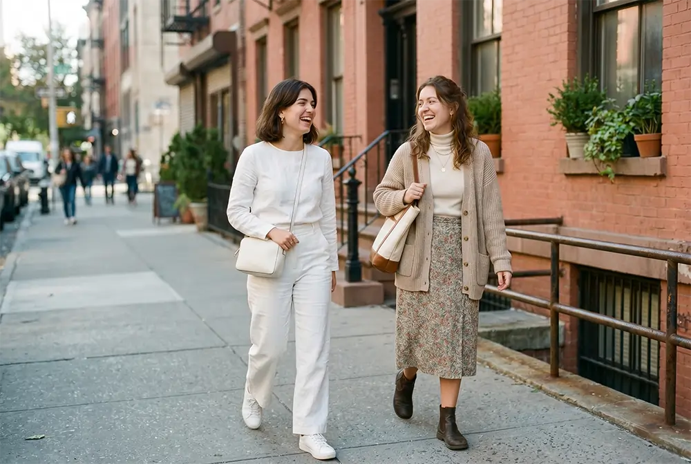 two friends walking, wearing complementary outfits — one in all white, one in neutral beige tones. two friends walking, wearing complementary outfits — one in all white, one in neutral beige tones.