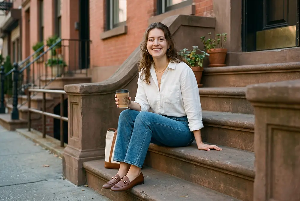 woman sitting on steps in a casual chic outfit — white linen shirt, straight leg jeans, loafers. woman sitting on steps in a casual chic outfit — white linen shirt, straight leg jeans, loafers.