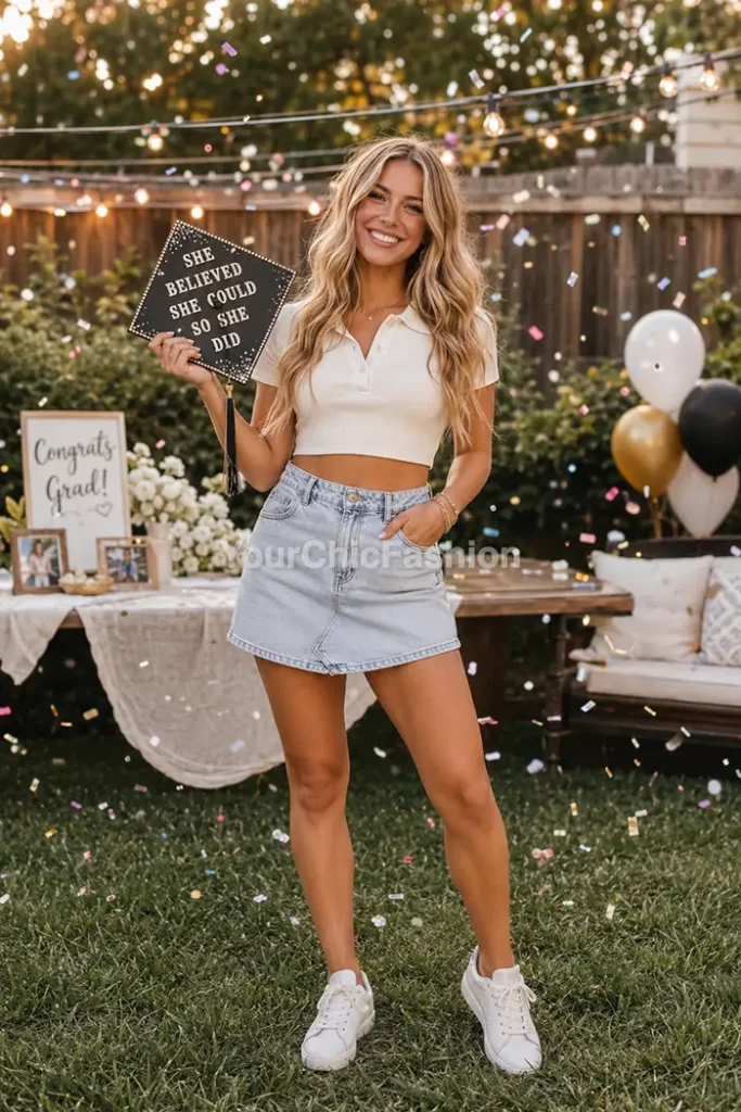 Young woman with thick blonde waves in white ribbed knit polo crop top and high-waisted light-wash denim skort holding graduation cap in backyard with fairy lights denim skort ootd summer outfits