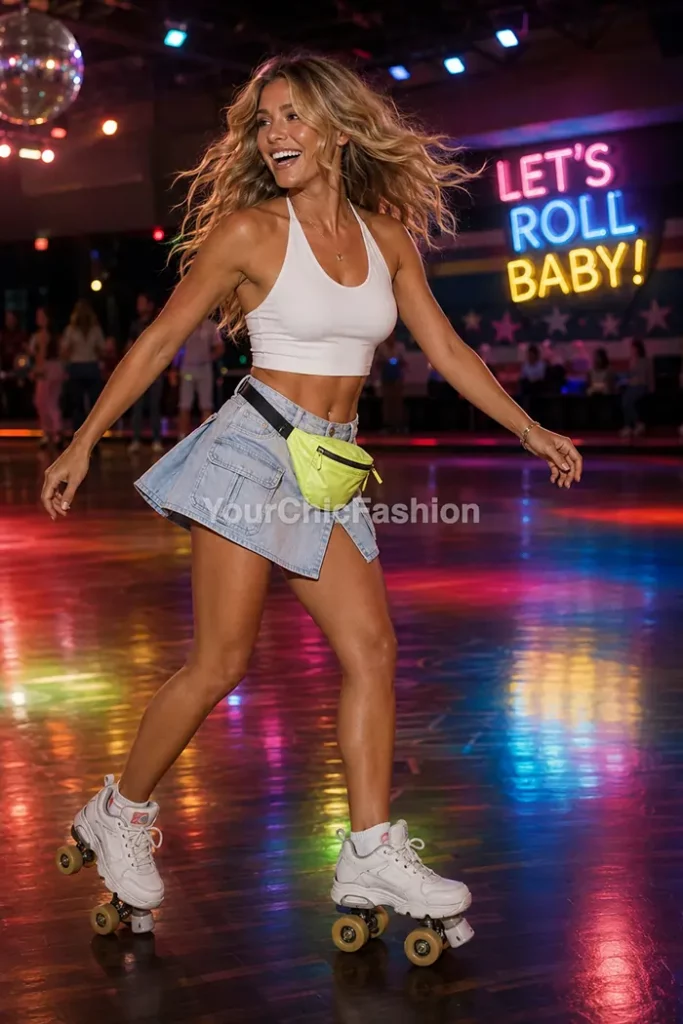 Young woman with thick blonde waves in white halter neck crop top and light-wash denim utility pocket skort roller skating under disco lights denim skort ootd summer outfits