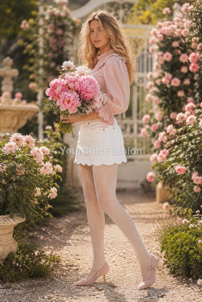 Blonde woman in white denim mini skirt with ivory tights and pink suede Mary Jane heels