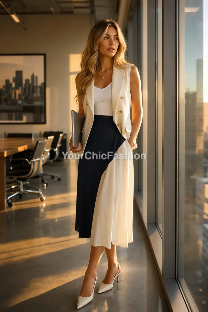 Young woman in sleeveless V-neck blazer and color-block midi skirt for office siren work outfits women
