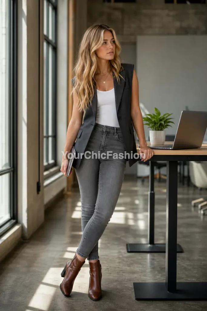 Young woman in charcoal sleeveless blazer and grey skinny jeans for casual work outfits office siren