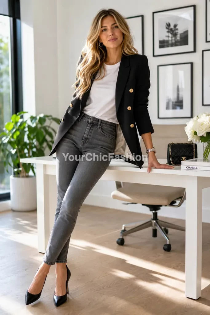 Young woman in black structured blazer with gold buttons and grey jeans for office siren aesthetic work clothes
