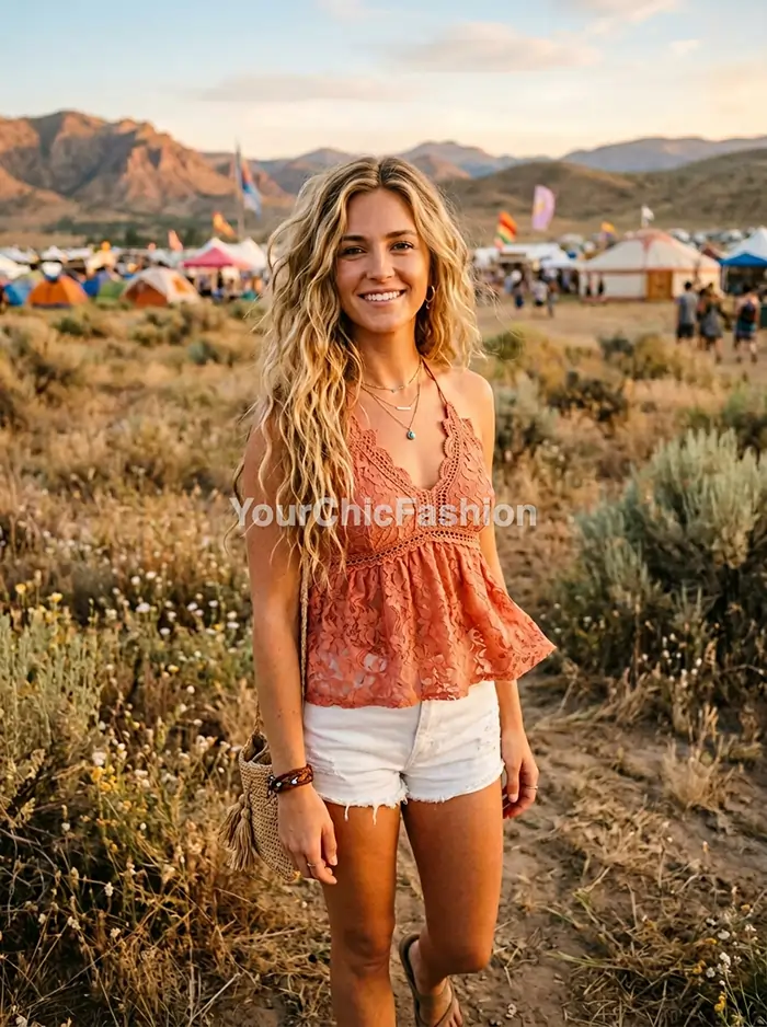Young woman with long wavy blonde hair wearing a coral lace halter top with crochet trim and white denim shorts in a sunlit desert field for free people outfits spring bohemian style