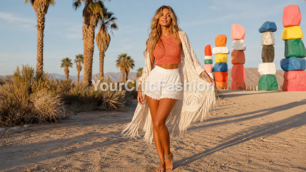 Young woman with long thick wavy blonde hair in coral crochet halter white eyelet shorts and cream fringed kimono posing in desert with palm trees boho coachella outfit