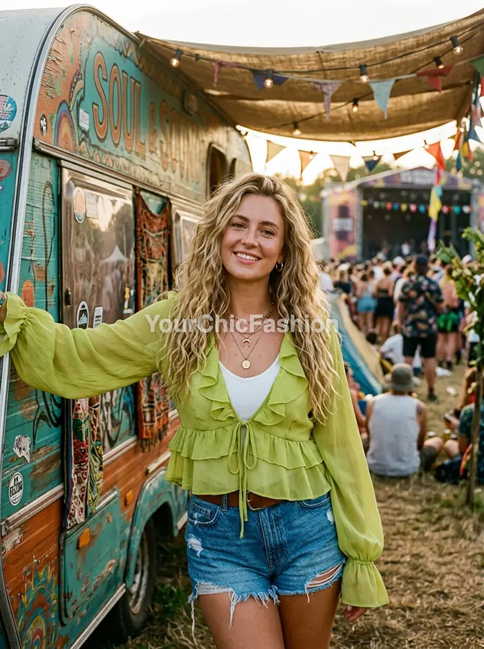 Young woman with wavy blonde hair in lime ruffled blouse and white tank leaning against vintage caravan for affordable festival outfit ideas 2026