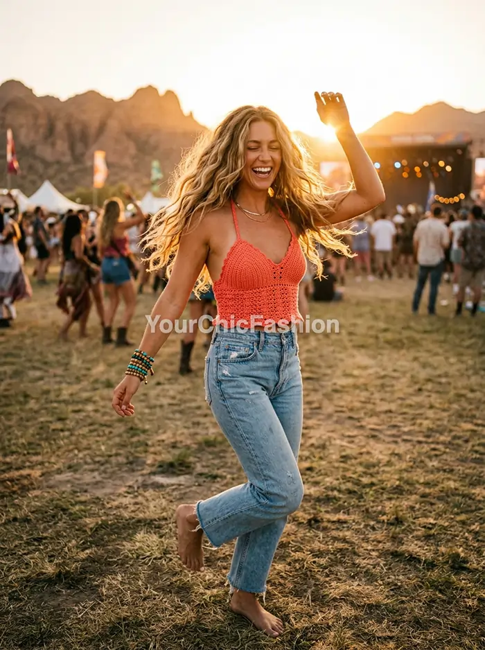 Young woman with thick wavy blonde hair dancing barefoot in coral crochet halter top at golden hour desert festival boho outfit