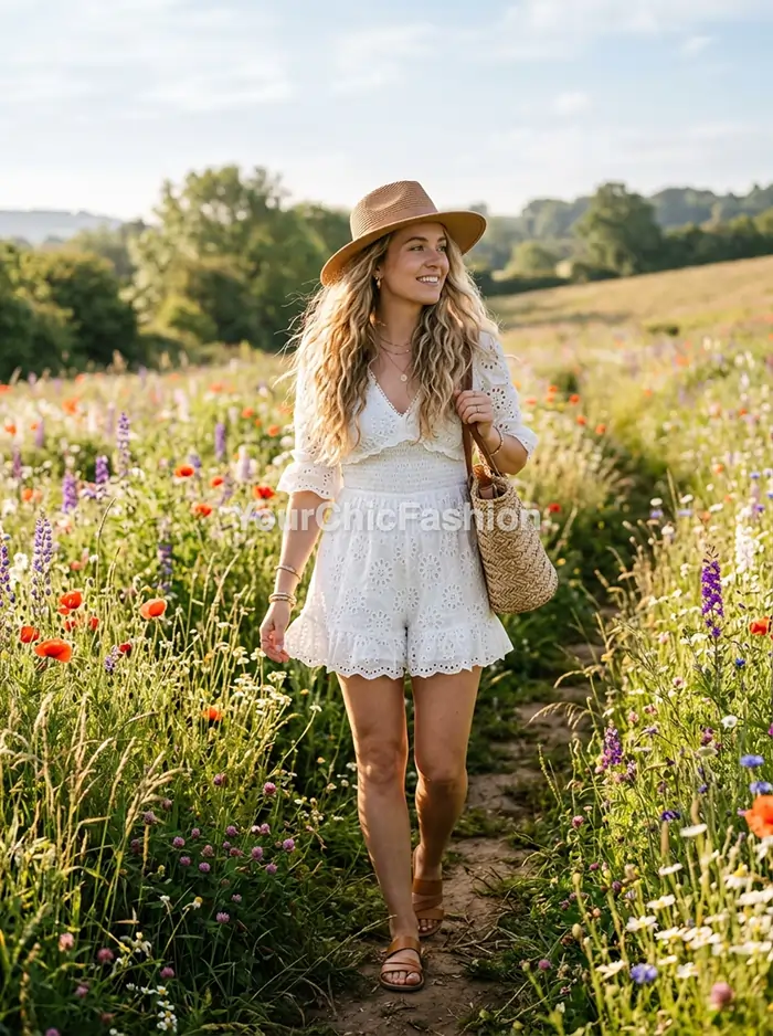 Young woman with long wavy blonde hair in white eyelet lace romper with ruffled hem walking through wildflower meadow spring bohemian fashion