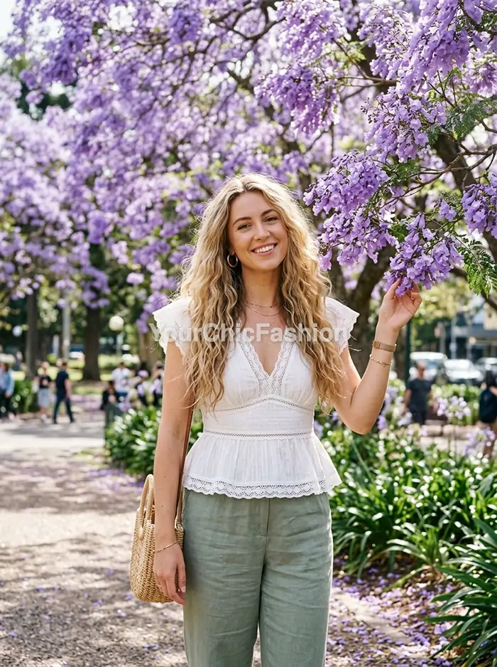 Young woman with long thick wavy blonde hair in white lace peplum top and sage linen trousers by blooming jacaranda tree spring boho chic style