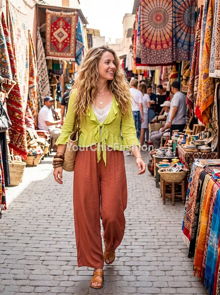 Young woman with wavy blonde hair in lime ruffled blouse and terracotta palazzo pants walking through colorful craft market boho festival outfit