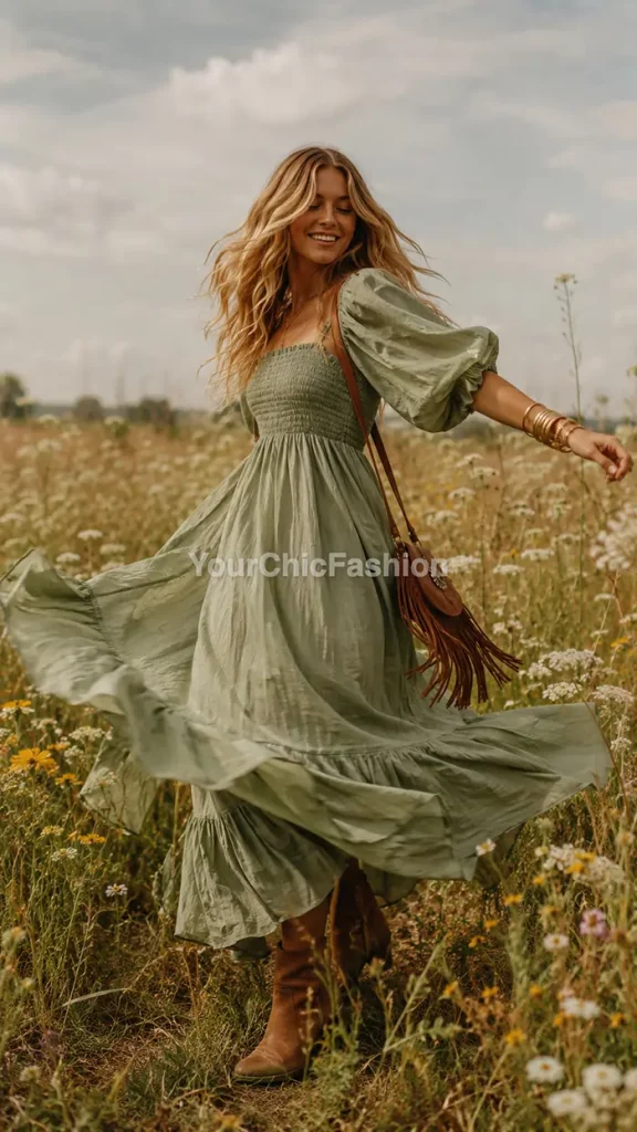 Blonde woman twirling in sage green puff sleeve boho chic summer dress in wildflower field