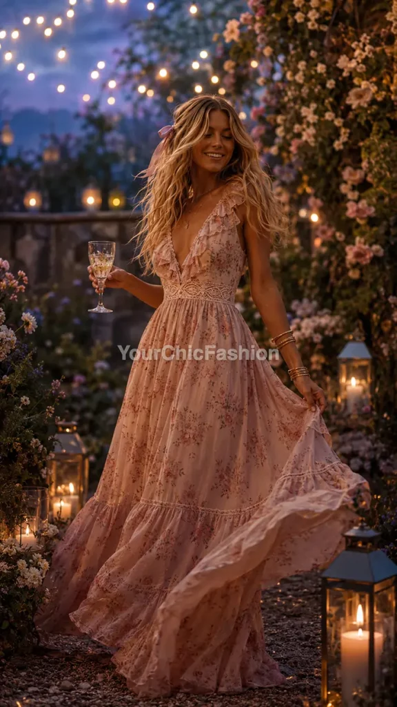 Young woman in blush pink floral boho chic summer dress in twilight garden with lights