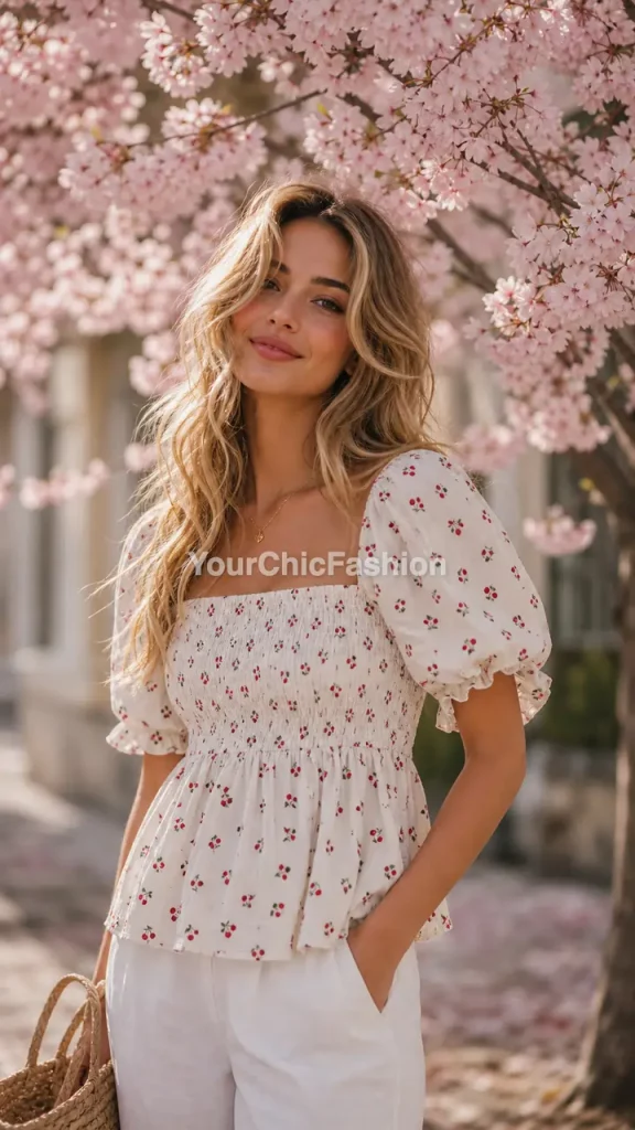 Young woman with wavy blonde hair wearing cherry print smocked top with white linen trousers by cherry blossoms