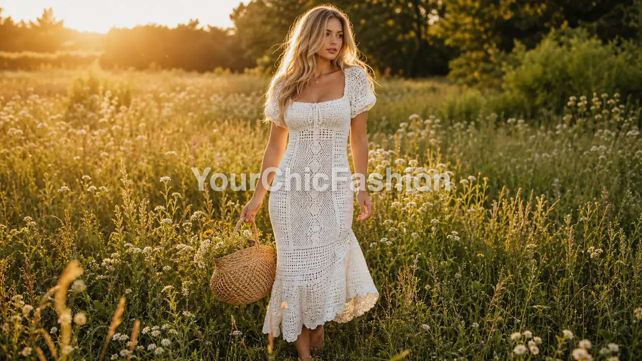 Young woman with wavy blonde hair wearing white crochet coquette midi dress in wildflower meadow at golden hour