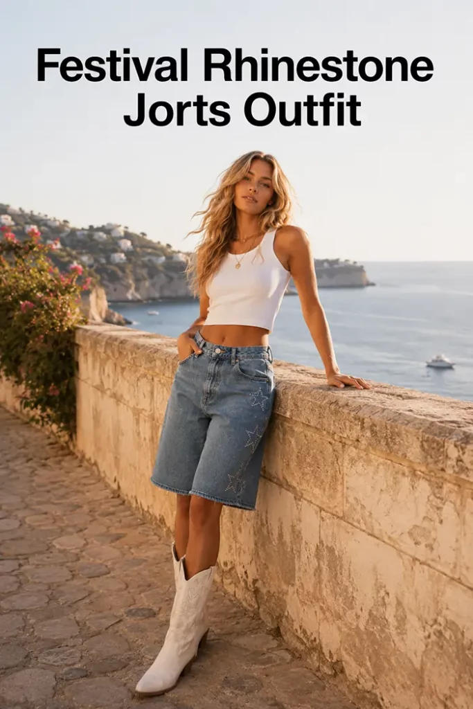 Young woman with blonde waves in rhinestone denim jorts festival outfit on balcony overlooking sea.