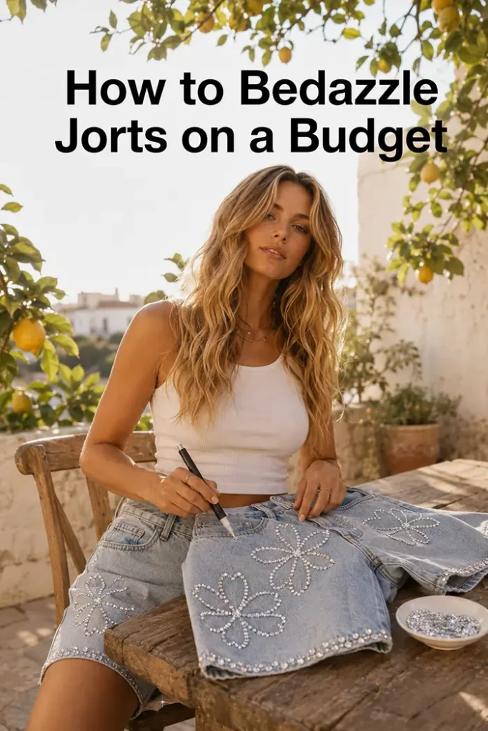 Woman with blonde waves in how to bedazzle jorts with rhinestones setup on rustic terrace.
