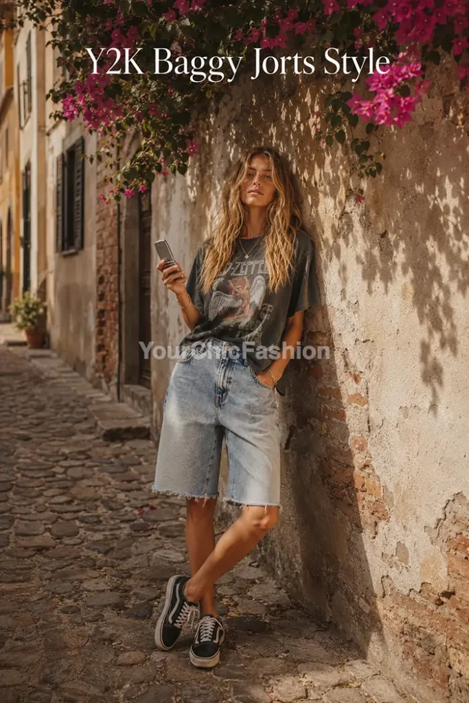 Blonde woman in Y2K denim jorts outfit leaning on cobblestone street with bougainvillea