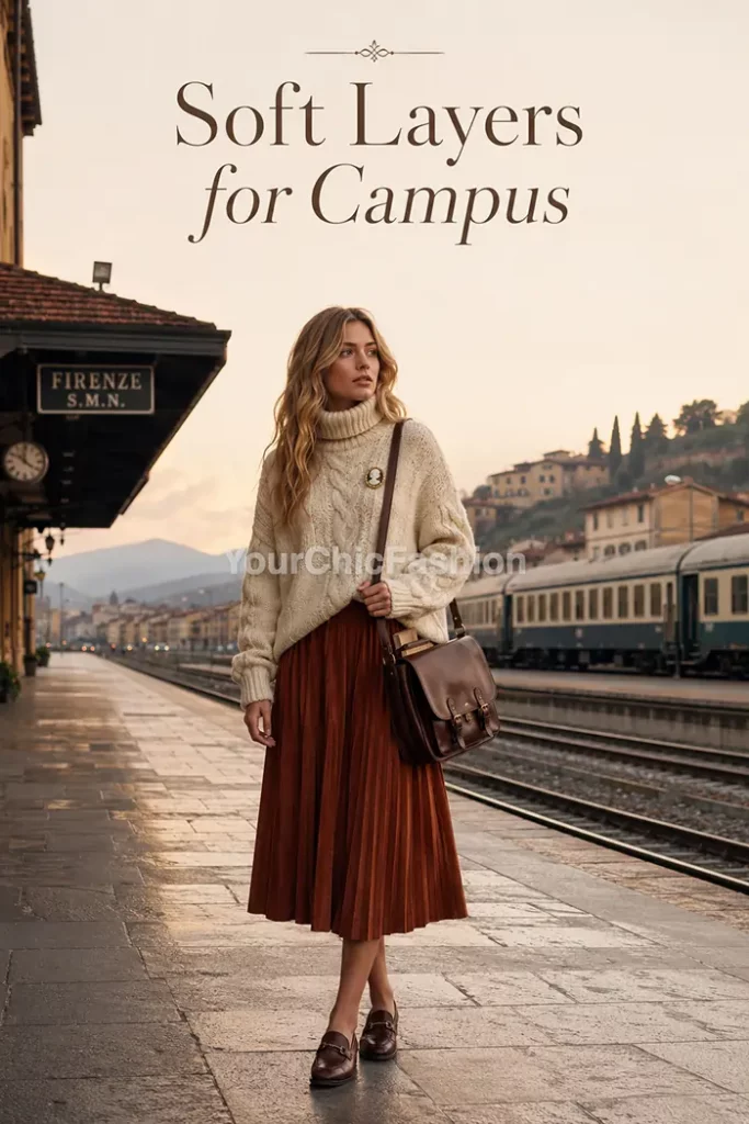 Young blonde woman in poetcore aesthetic outfits stands in cable-knit layers on an Italian train platform. Poetcore Aesthetic Outfits