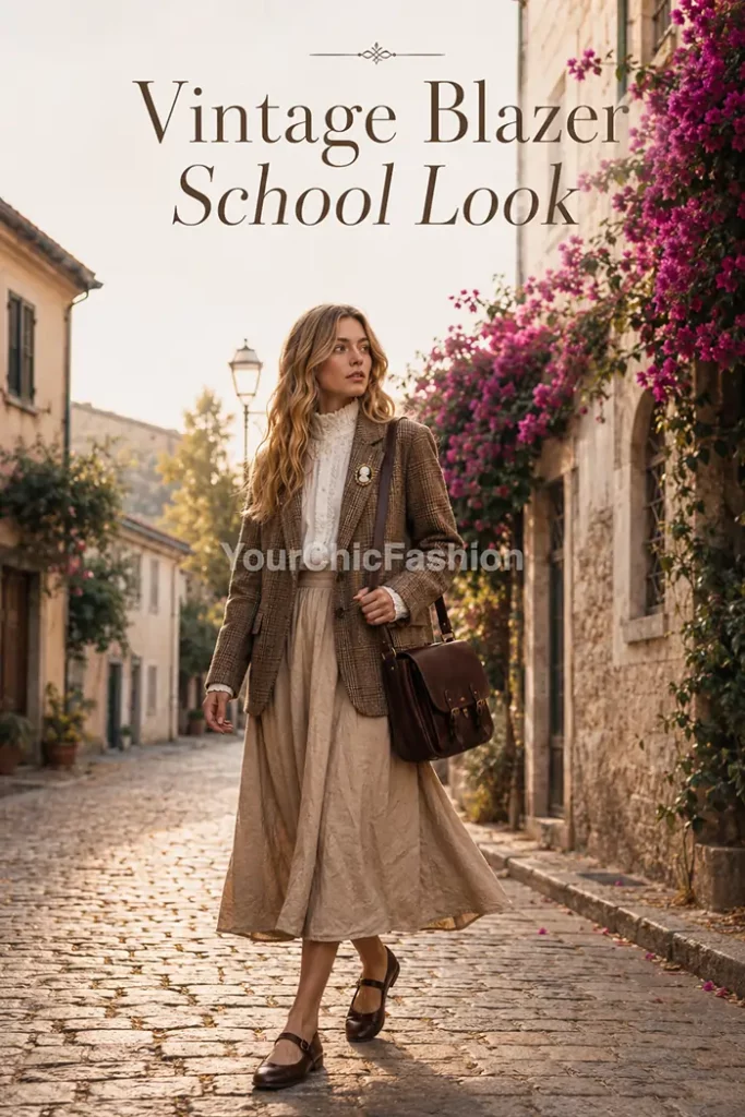 Young blonde woman in a welcome back to school poetry outfit walks a cobblestone street in a plaid blazer.