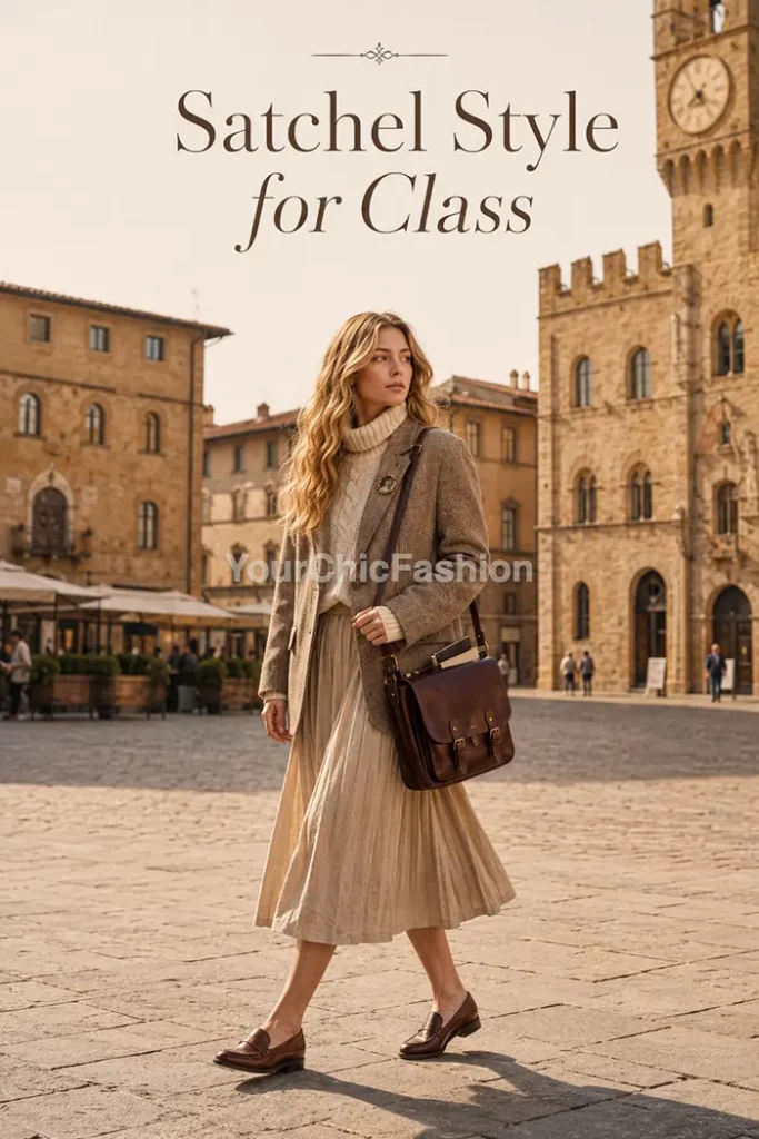 Young blonde woman in a literary chic outfit 2026 wears a ruffle blouse in a whitewashed olive-tree courtyard.