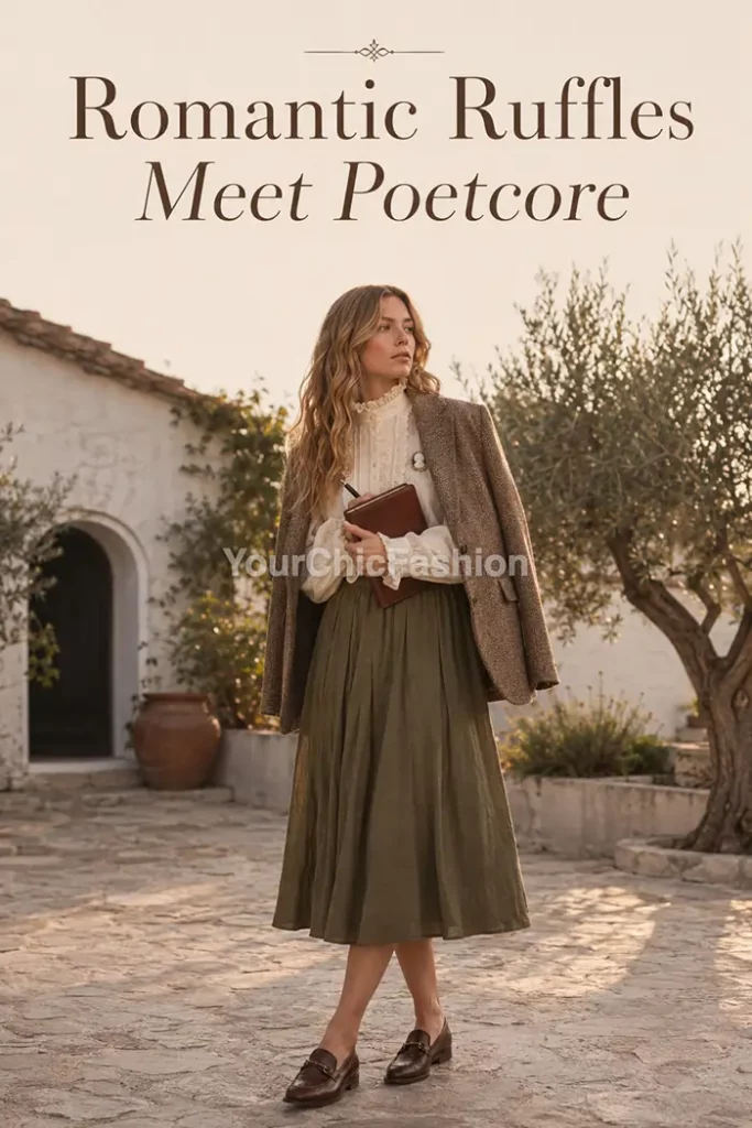Young blonde woman in a literary chic outfit 2026 wears a ruffle blouse in a whitewashed olive-tree courtyard.