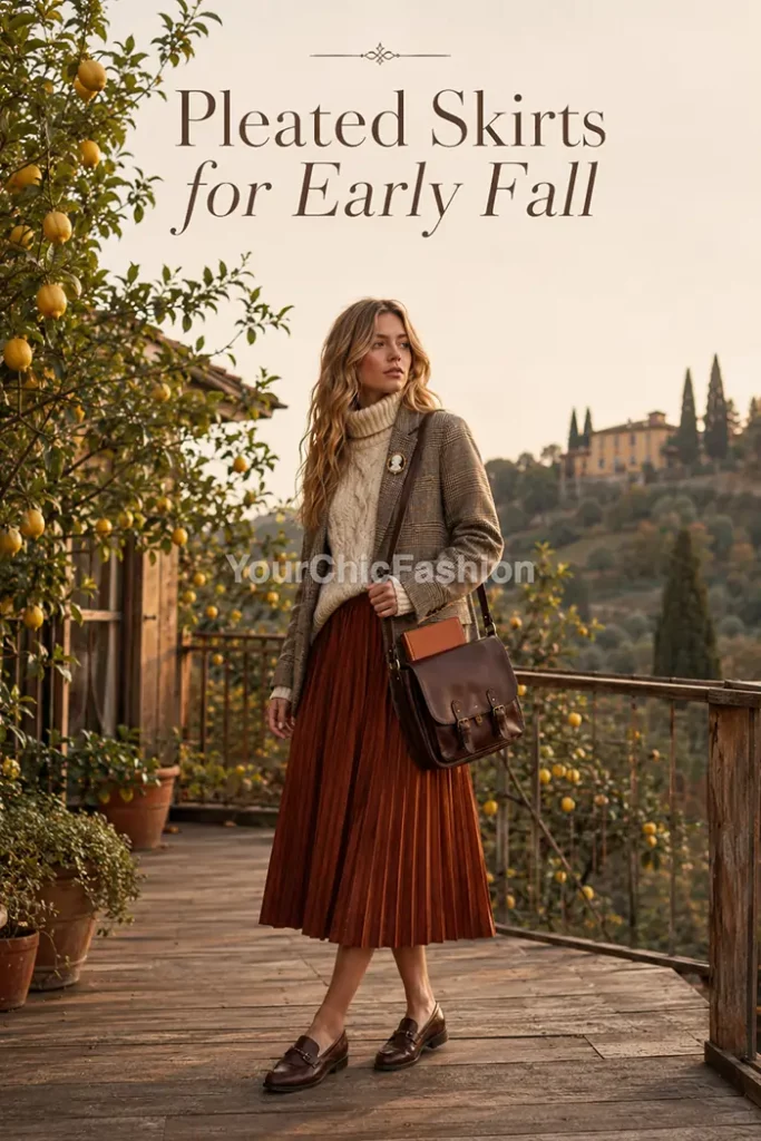 Young blonde woman in autumn dark academia outfits women can style as poetcore stands on a sunset rooftop.