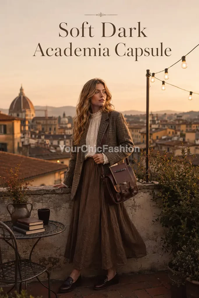 Young blonde woman in autumn dark academia outfits women can style as poetcore stands on a sunset rooftop.