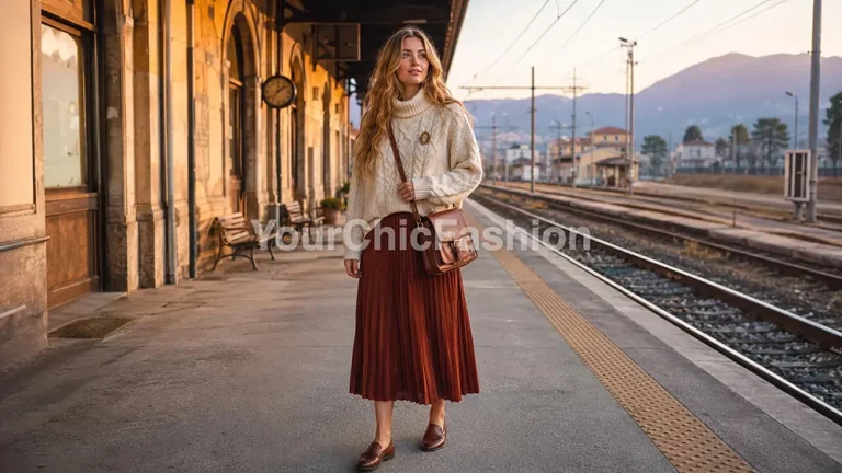 Young blonde woman in poetcore aesthetic outfits stands in cable-knit layers on an Italian train platform. Poetcore Aesthetic Outfits