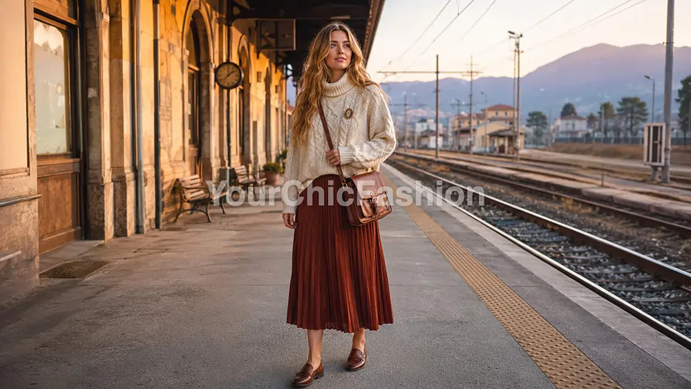Young blonde woman in poetcore aesthetic outfits stands in cable-knit layers on an Italian train platform. Poetcore Aesthetic Outfits