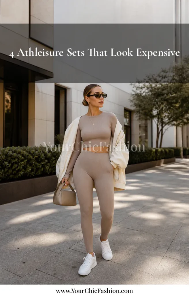 Athleisure matching set outfit in taupe with a cream bomber, white sneakers, sunglasses, and structured handbag