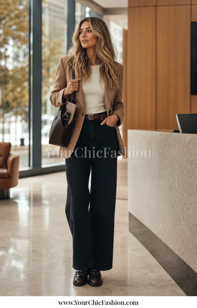 Woman in black high-rise wide-leg jeans with an ivory top, camel blazer, brown belt, and loafers for work