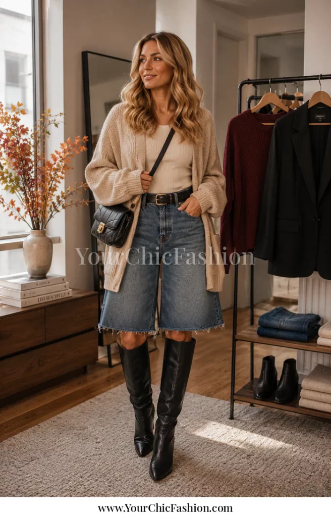 Denim jorts fall outfit capsule with beige cardigan and knee-high boots