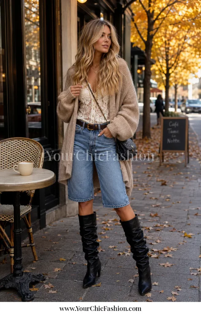Denim jorts fall outfit with lace top oversized cardigan and black boots