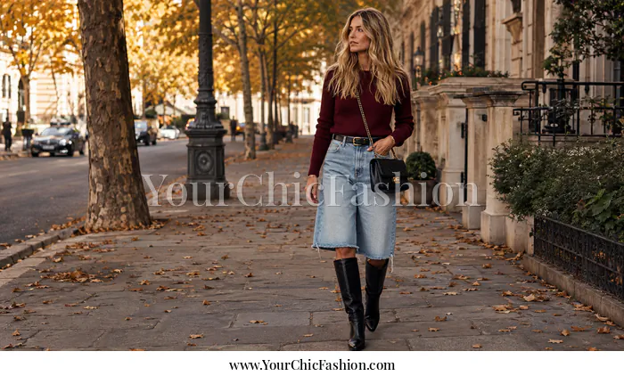 Woman styling a denim jorts outfit for fall with a maroon sweater and knee-high boots.