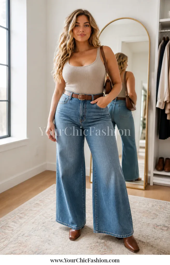 Curvy woman in high-waist medium-wash wide-leg jeans with a fitted tank, brown belt, and block heels