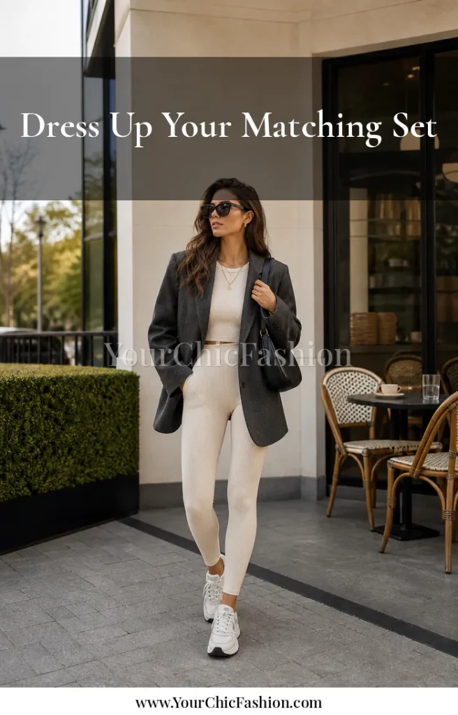 Woman wearing a cream ribbed matching set with charcoal blazer, black shoulder bag, gold jewelry, and sneakers for brunch