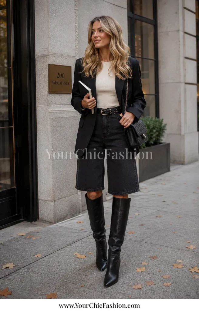 High-waisted black denim Bermuda shorts with blazer belt and knee-high boots
