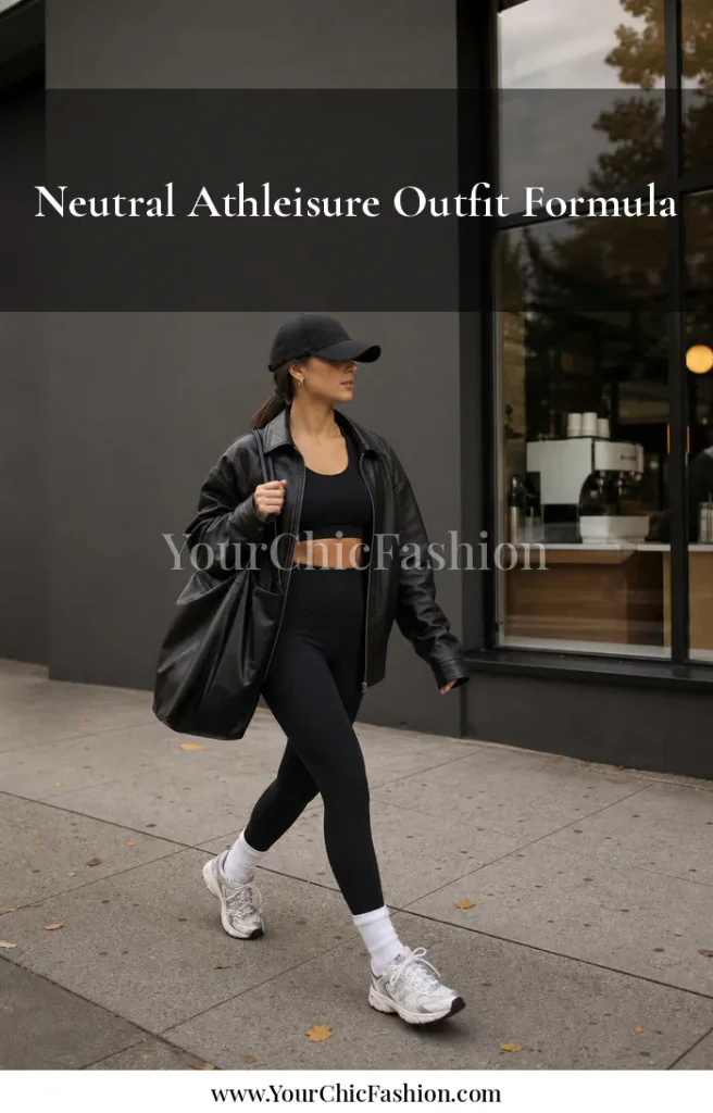 Woman styling a black seamless workout set with oversized leather jacket, baseball cap, crew socks, and retro sneakers