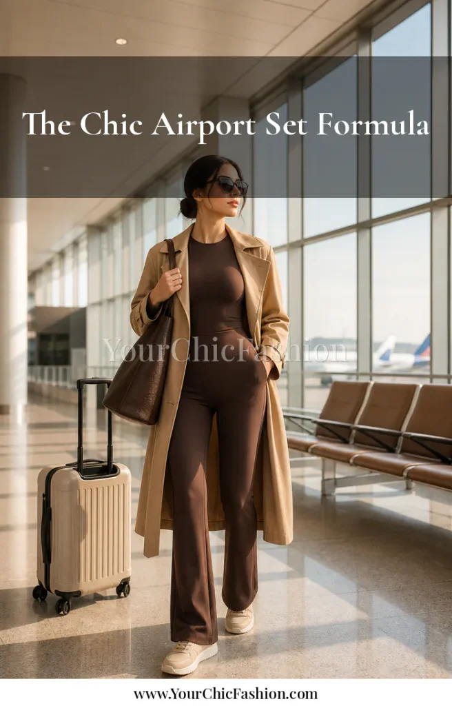Woman in a chocolate brown flare athleisure set with camel trench, tote, sneakers, sunglasses, and carry-on at an airport