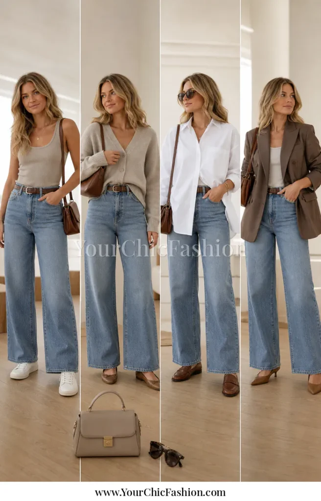 Four casual and polished outfits using the same medium-wash wide-leg jeans with a tank, cardigan, button-down, and blazer