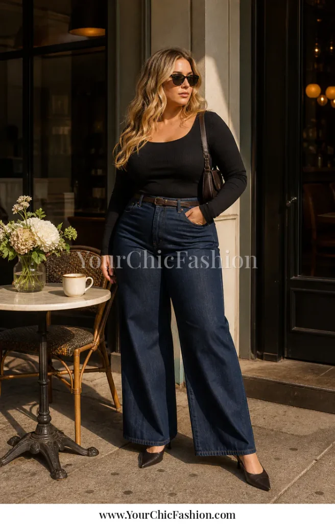 Curvy woman in dark-wash high-rise wide-leg jeans with a fitted black top and pointed slingback heels
