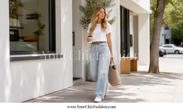 Woman in a wide leg jeans outfit casual look with a tucked white tee, brown belt, sneakers, and neutral tote on a city sidewalk.